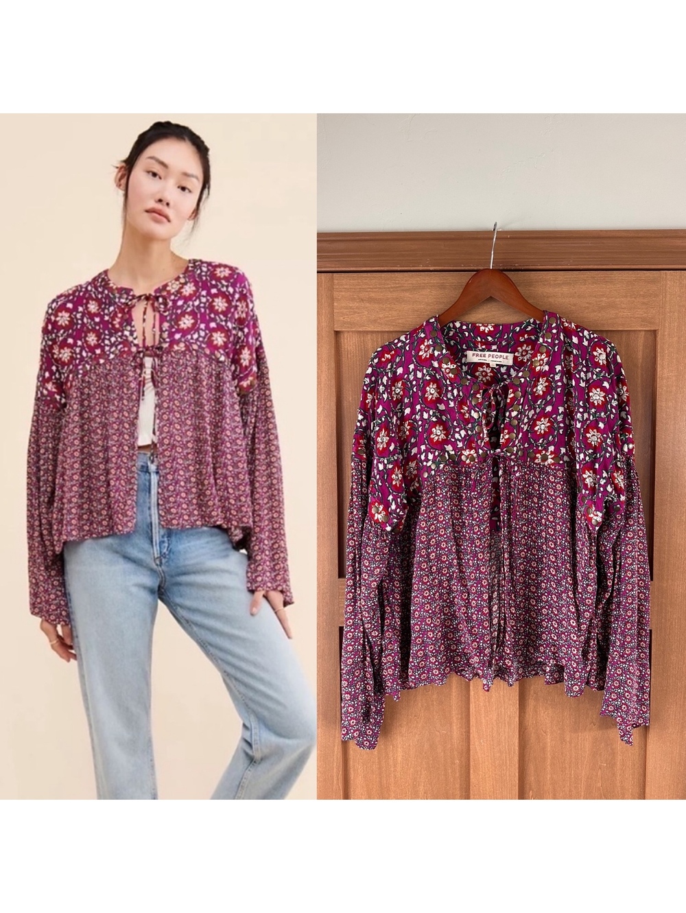Free People Malia Babydoll Jacket Top in Berry Combo Pink Beaded Women’s Large